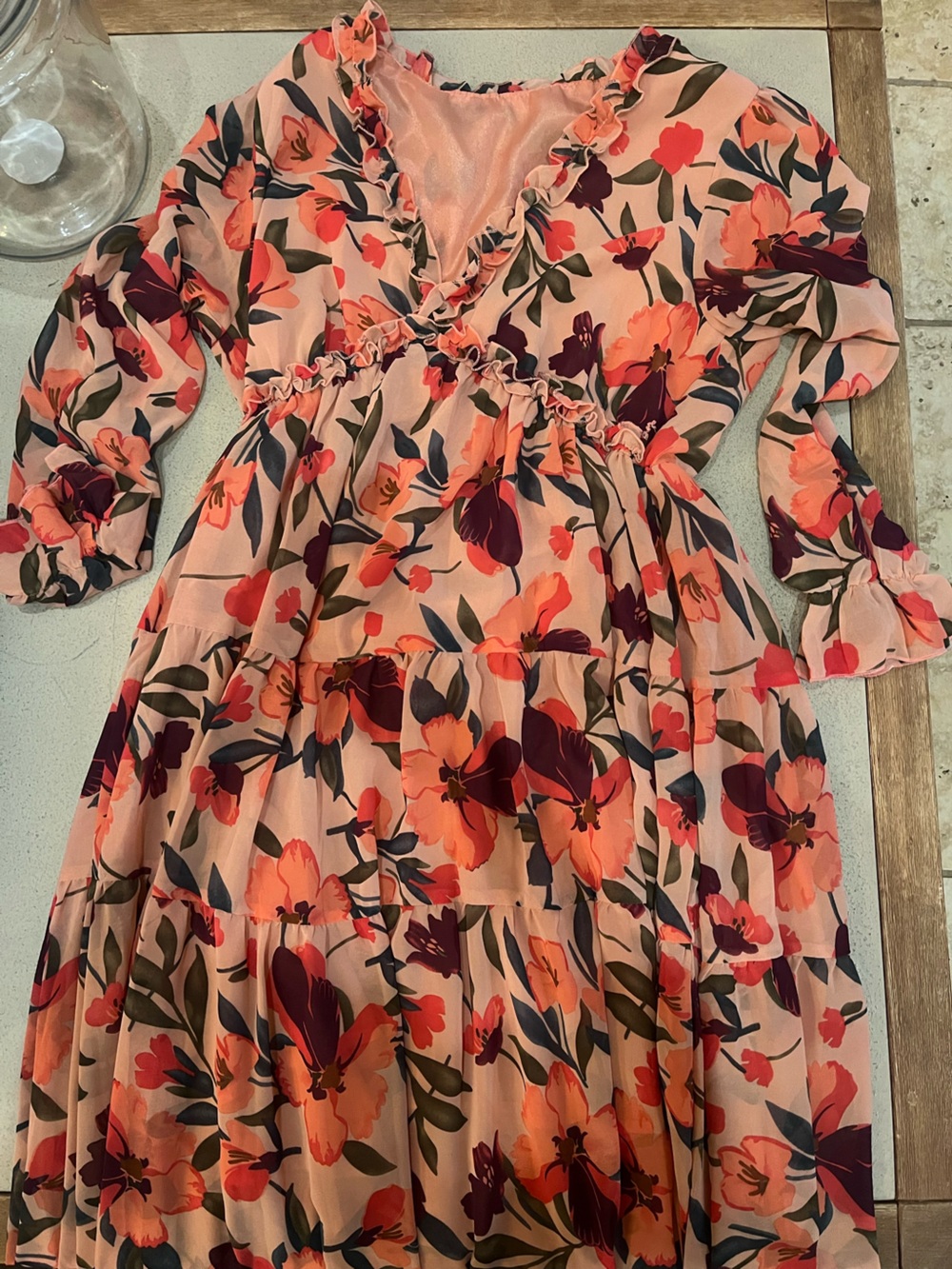 Peach Floral Ruffle Maxi Dress